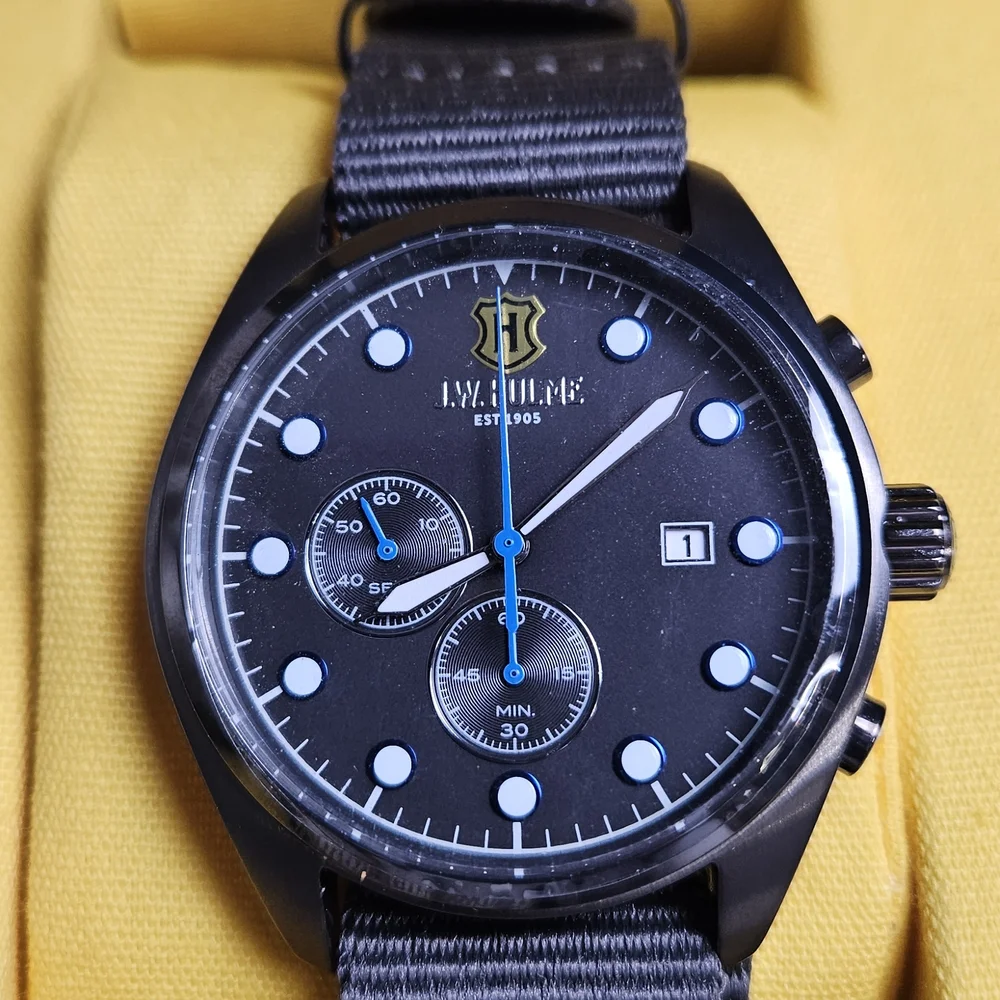 J.W. Hulme Quartz Chronograph Watch – Black Dial / Grey Nylon Strap – New in Box